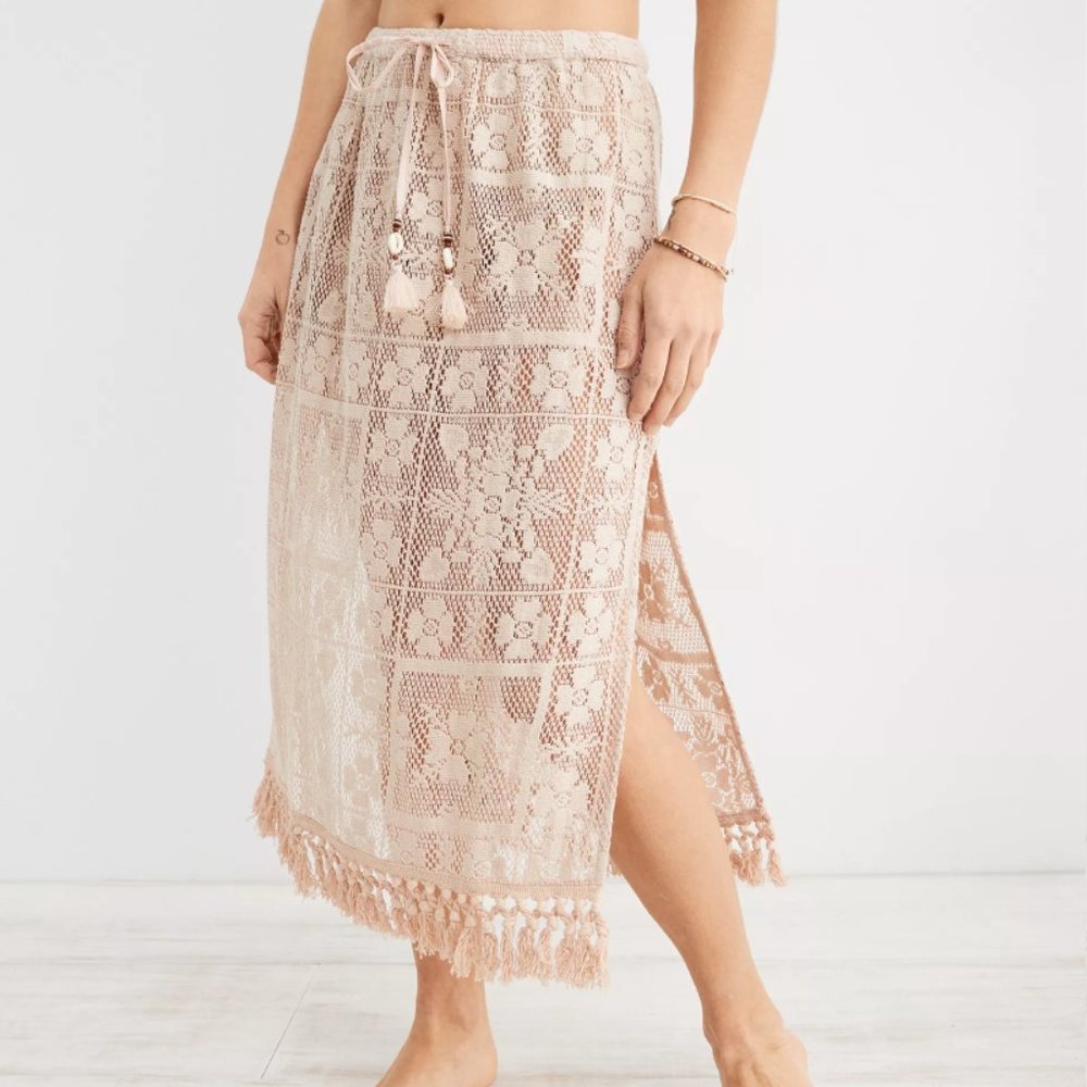 NEW Aerie Crochet Fringe Beaded Midi Skirt Size XS